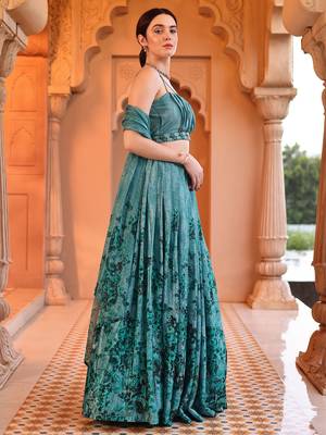 Aqua blue Printed Sequins Work Chinon Lehenga Choli 2