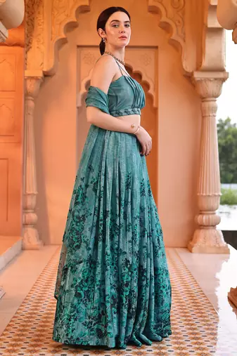 Aqua blue Printed Sequins Work Chinon Lehenga Choli