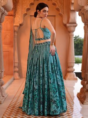 Aqua blue Printed Sequins Work Chinon Lehenga Choli 3