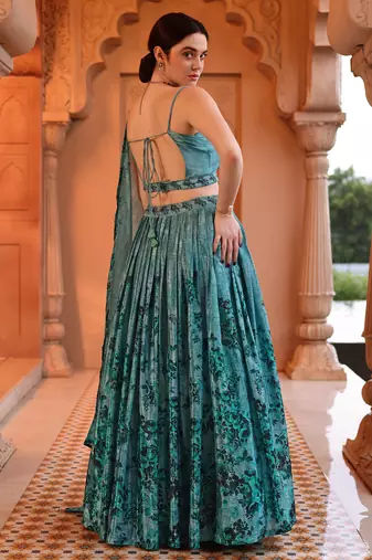 Aqua blue Printed Sequins Work Chinon Lehenga Choli