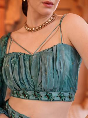 Aqua blue Printed Sequins Work Chinon Lehenga Choli 4