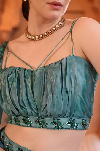 Aqua blue Printed Sequins Work Chinon Lehenga Choli