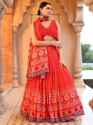Red Printed Sequins Work Chiffon Lehenga Choli 1