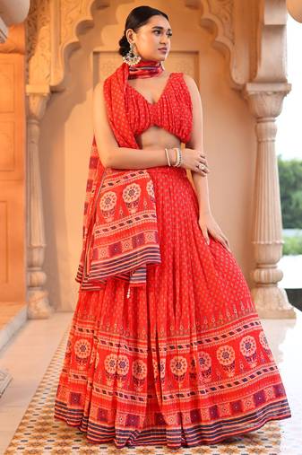 Red Printed Sequins Work Chiffon Lehenga Choli For Festival