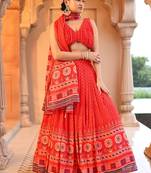 Red Printed Sequins Work Chiffon Lehenga Choli For Festival