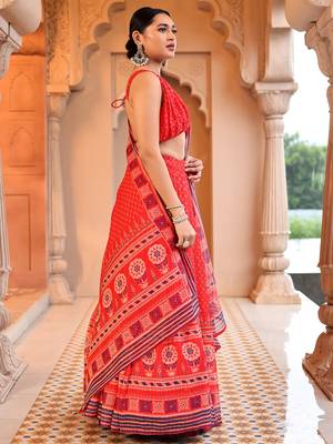Red Printed Sequins Work Chiffon Lehenga Choli 2