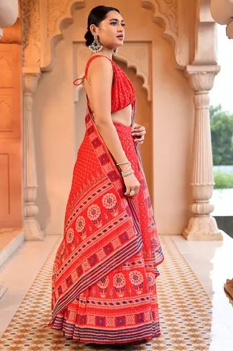 Red Printed Sequins Work Chiffon Lehenga Choli