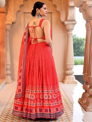 Red Printed Sequins Work Chiffon Lehenga Choli 3