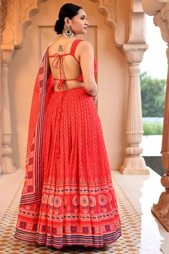 Red Printed Sequins Work Chiffon Lehenga Choli