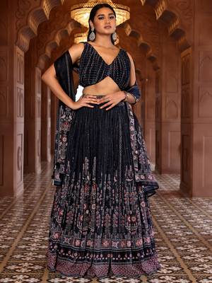 Navy Blue Printed Sequins Work Chiffon Lehenga Choli 1