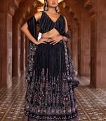 Navy Blue Printed Sequins Work Chiffon Lehenga Choli For Festival