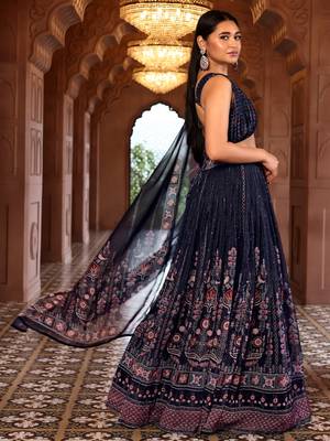 Navy Blue Printed Sequins Work Chiffon Lehenga Choli 2