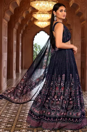 Navy Blue Printed Sequins Work Chiffon Lehenga Choli