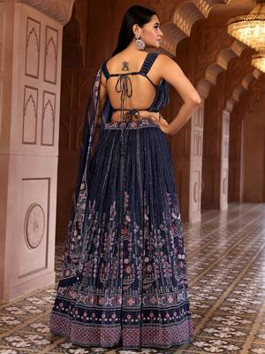 Navy Blue Printed Sequins Work Chiffon Lehenga Choli 3