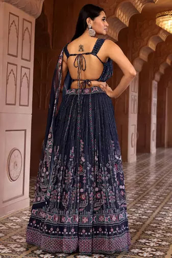 Navy Blue Printed Sequins Work Chiffon Lehenga Choli