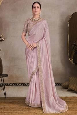 Baby Pink Organza Jacquard Woven With Embroidery Lace Border With Heavy Embroidery Work Blouse Saree With Blouse 1
