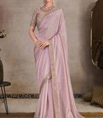 Baby Pink Organza Jacquard Woven With Embroidery Lace Border With Heavy Embroidery Work Blouse Saree With Blouse