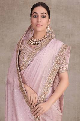 Baby Pink Organza Jacquard Woven With Embroidery Lace Border With Heavy Embroidery Work Blouse Saree With Blouse 2