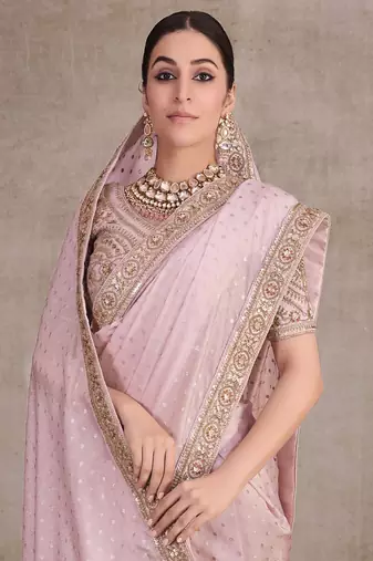 Baby Pink Organza Jacquard Woven With Embroidery Lace Border With Heavy Embroidery Work Blouse Saree With Blouse
