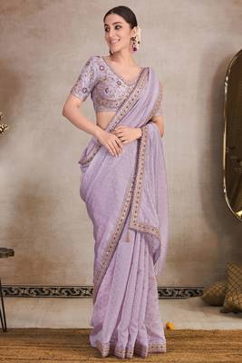 Light Lavender Organza Jacquard Woven With Embroidery Lace Border With Heavy Embroidery Work Blouse Saree With Blouse 1