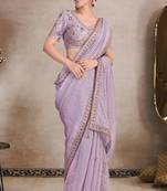 Light Lavender Organza Jacquard Woven With Embroidery Lace Border With Heavy Embroidery Work Blouse Saree With Blouse