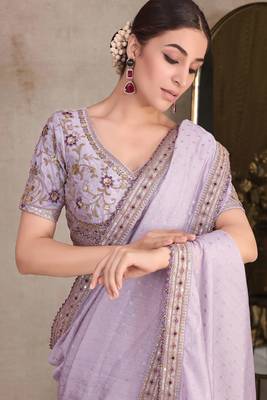 Light Lavender Organza Jacquard Woven With Embroidery Lace Border With Heavy Embroidery Work Blouse Saree With Blouse 2