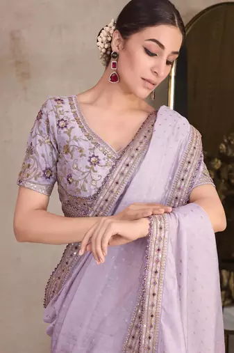 Light Lavender Organza Jacquard Woven With Embroidery Lace Border With Heavy Embroidery Work Blouse Saree With Blouse