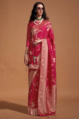 Rani Pink Pure Georgette Jacquard Woven Work Saree With Blouse 1