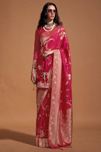 Rani Pink Pure Georgette Jacquard Woven Work Saree With Blouse