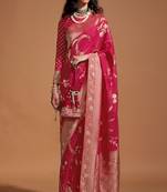Rani Pink Pure Georgette Jacquard Woven Work Saree With Blouse