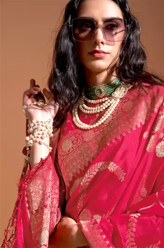 Rani Pink Pure Georgette Jacquard Woven Work Saree With Blouse