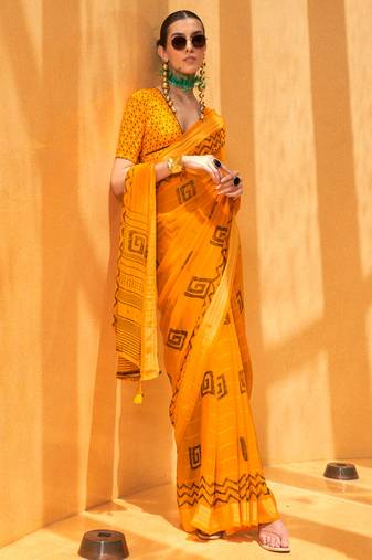 Mustard Georgette Printed Saree With Blouse