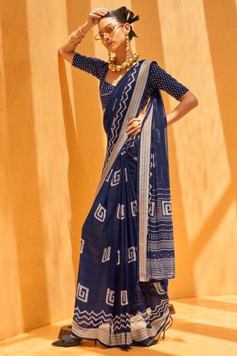 Navy Blue Georgette Printed Saree With Blouse