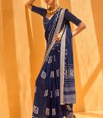 Navy Blue Georgette Printed Saree With Blouse