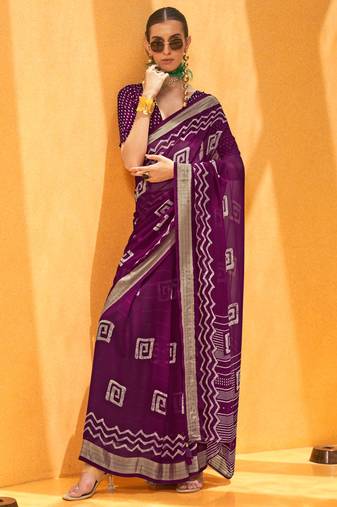 Wine Georgette Printed Saree With Blouse