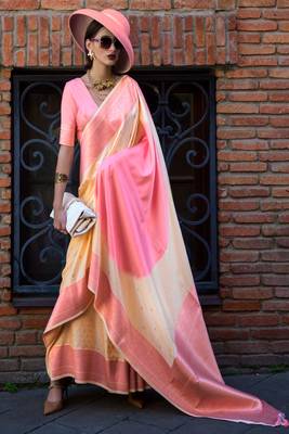 cream soft silk blend jacquard woven work saree with blouse 1