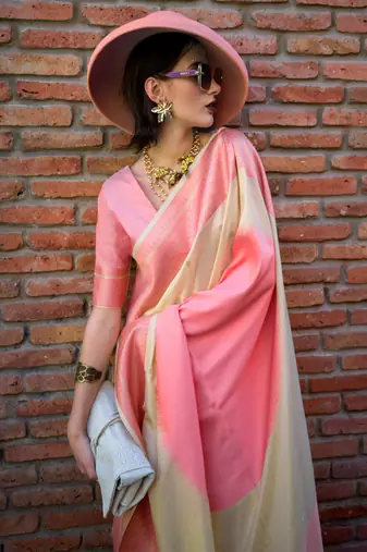 cream soft silk blend jacquard woven work saree with blouse