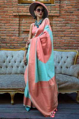 sky blue soft silk blend jacquard woven work saree with blouse 1