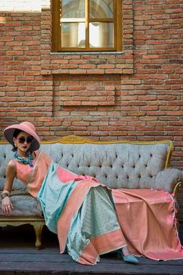 sky blue soft silk blend jacquard woven work saree with blouse 2