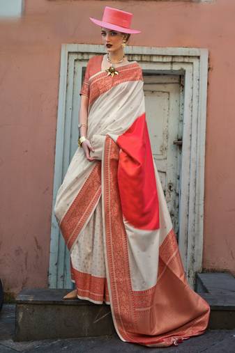 Off White Soft Silk Jacquard Woven Work Saree With Blouse