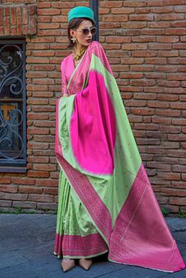 pista green soft silk blend jacquard woven work saree with blouse 1