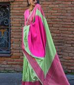 Pista Green Soft Silk Jacquard Woven Work Saree With Blouse