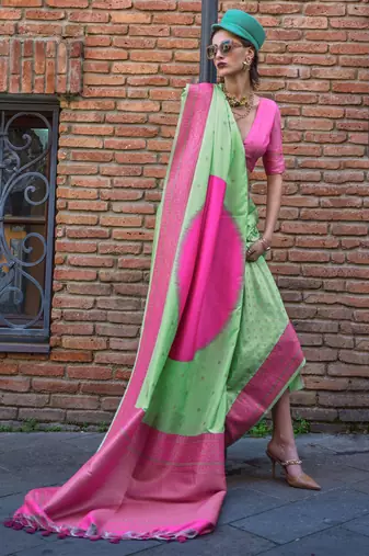 pista green soft silk blend jacquard woven work saree with blouse
