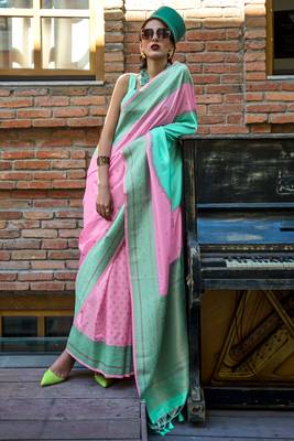 pink soft silk blend jacquard woven work saree with blouse 1