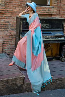 baby pink soft silk blend jacquard woven work saree with blouse 1