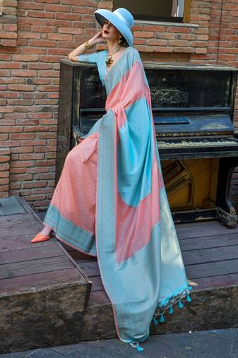 Baby Pink Soft Silk Jacquard Woven Work Saree With Blouse
