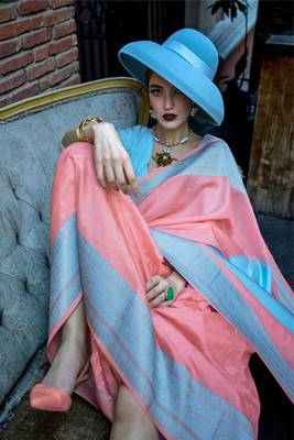 baby pink soft silk blend jacquard woven work saree with blouse 2