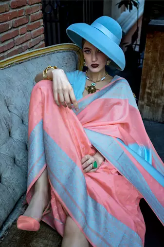 baby pink soft silk blend jacquard woven work saree with blouse