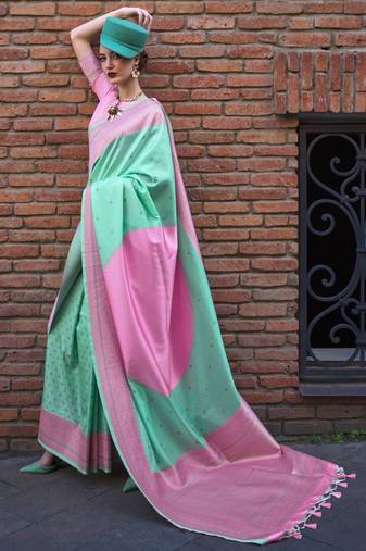 Pista Green Soft Silk Jacquard Woven Work Saree With Blouse