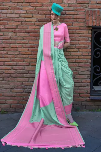pista green soft silk blend jacquard woven work saree with blouse